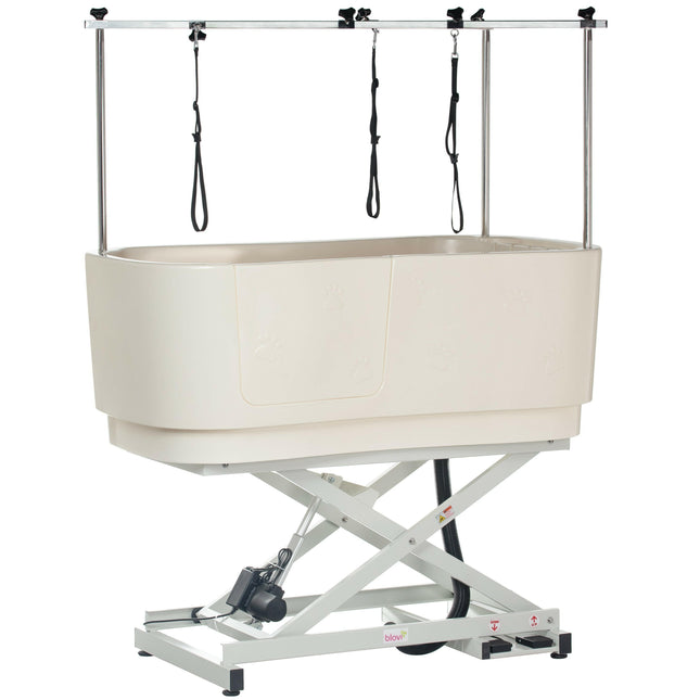 Blovi Electric Dog Bath - a sturdy grooming tub with an electric lift and dual-sided arm, white - ecru.