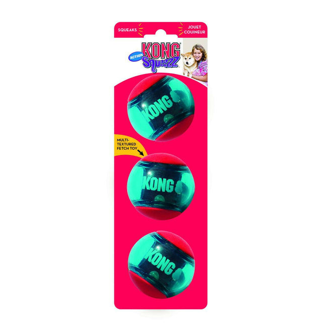 KONG Squeezz Action Ball Red - squeaky ball for dogs with a varied surface, red and blue - (3 pcs.).