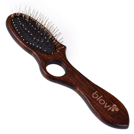 Blovi Wood Pin Brush - small wooden brush with a finger hole and a metal pin tipped with a ball..