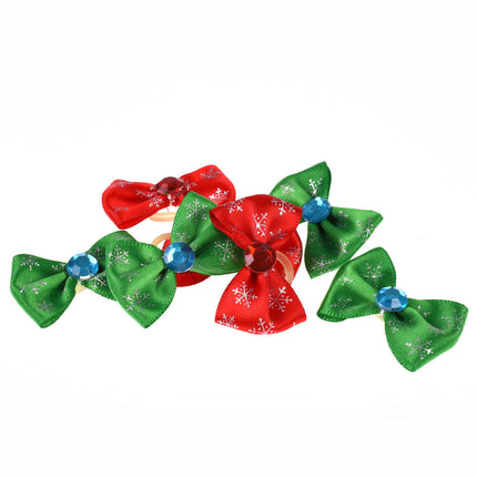 Blovi Christmas Bows Snowflake 25 pcs - red and green holiday bows for dogs, snowflake pattern.