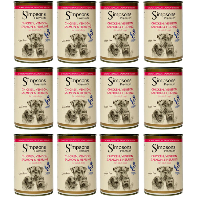 Simpsons Premium Chicken, Venison, & Herring - wet dog food with chicken, venison, salmon, herring, and vegetables, grain-free - 12x 400g.