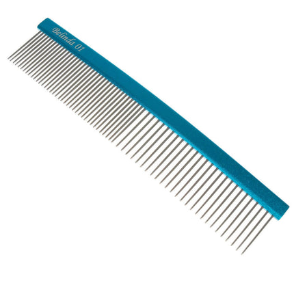 Miranda Belinda 01 - curved comb with an aluminum handle and a mixed tooth spacing of 50/50.