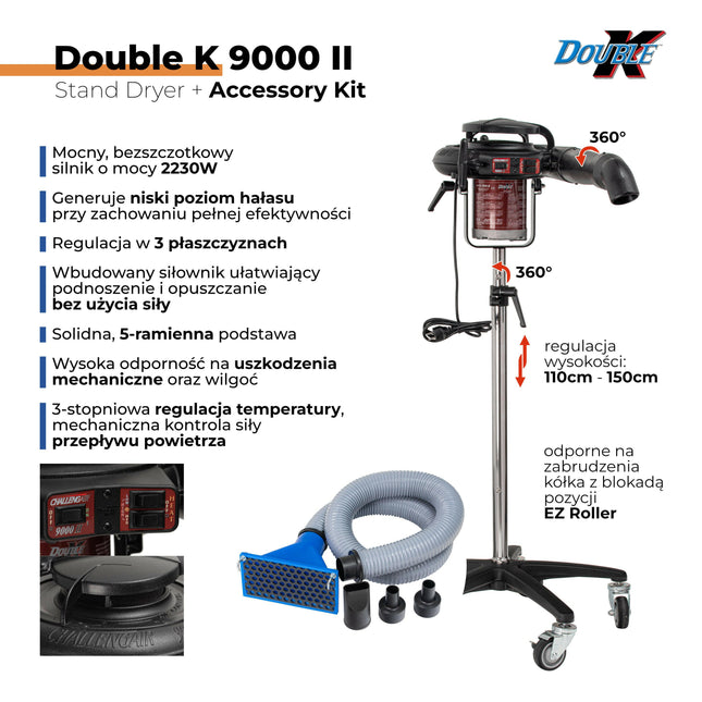 Double K ChallengAir 9000 II Stand Dryer + Accessory Kit - professional stand dryer with rotating function + accessory kit.
