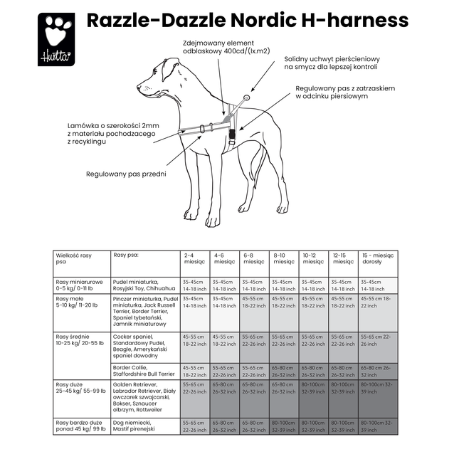 Hurtta Razzle - Dazzle H - Harness Beetroot - Adjustable Norwegian Harness for Puppies and Dogs - 55 - 65cm.