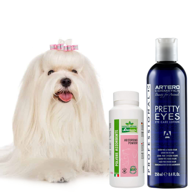 Artero Pretty Eyes + Baldecchi Absorbing Powder 90g - set for combating discoloration, for dogs.