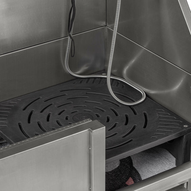 Blovi Free Standing Stainless Bath - stainless steel grooming tub with steps and sliding doors on the right side.