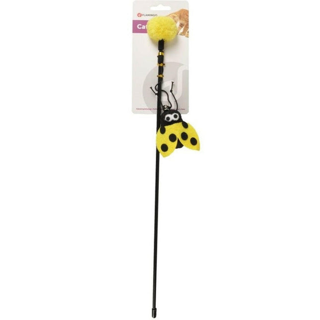 Flamingo Cat Dangler Happy Bug - cat wand with a ladybug, pom-pom, and bell.