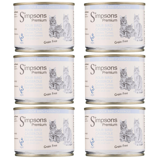 Simpsons Premium Cat Four Bird Casserole - grain-free wet food for cats, chicken, turkey, duck, and goose.
