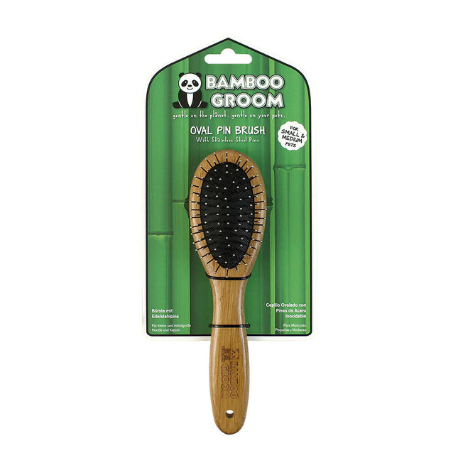 Bamboo Groom Oval Pin Brush Small/Medium - bamboo brush with metal pins, for dogs and cats, small and medium breeds.