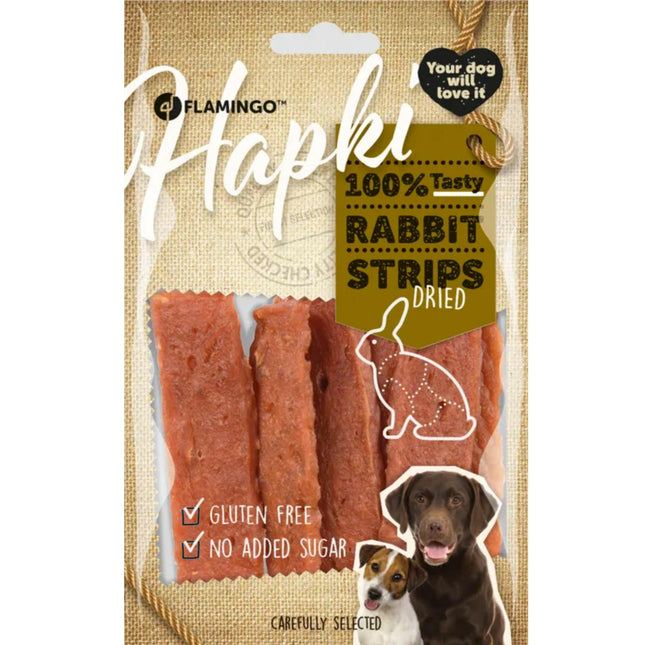 Flamingo Hapki Dried Rabbit Strips - dog treats, dried strips, rabbit and duck.