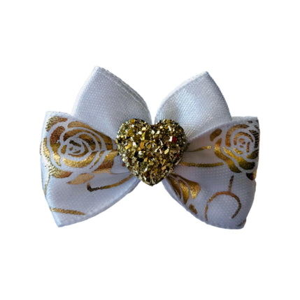 Blovi Bow Glamour satin bow with a golden rose motif.