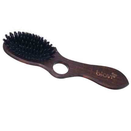 Blovi Wood Brush - small, oval brush with natural bristles, detangler, and finger hole, for long-haired breeds.