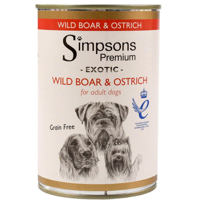 Simpsons Premium Wild Boar & Ostrich Casserole - wet food for dogs, with wild boar meat, ostrich, and organic vegetables, grain-free.