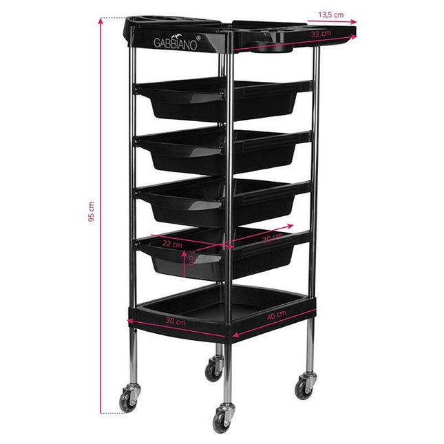 Gabbiano FX7 - grooming cart, 4 trays, lower shelf, 2 side handles, black.