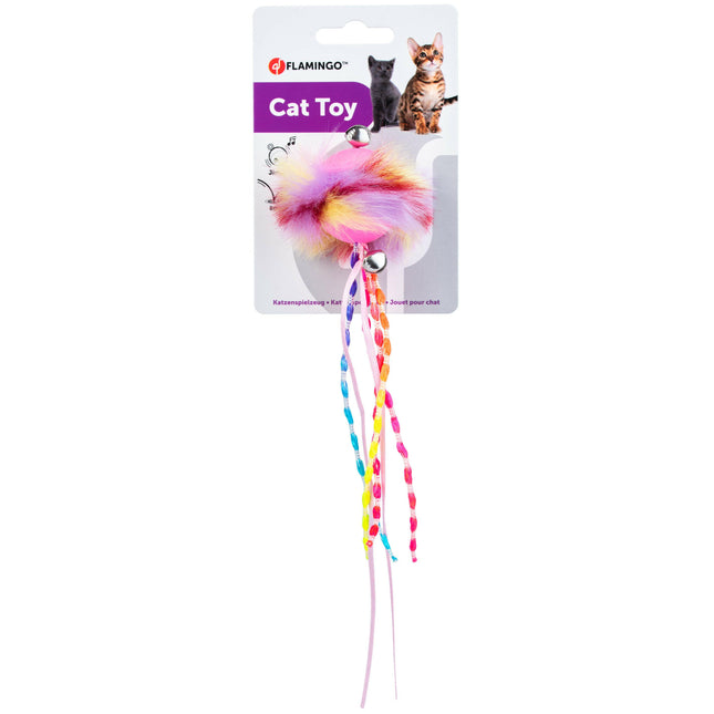 Flamingo Cat Howi Ball Ribbons - rubber ball for cats, with fur, ribbons, and bells.