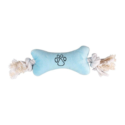 Flamingo Plush Toy - plush bone on a rope, with a squeaker - blue.