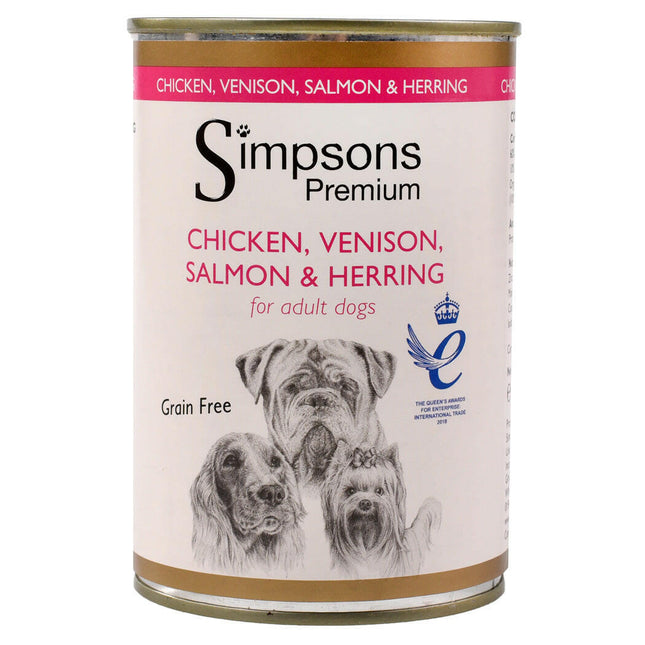 Simpsons Premium Chicken, Venison, & Herring - wet food for dogs, with chicken, venison, salmon, herring, and vegetables, grain-free.