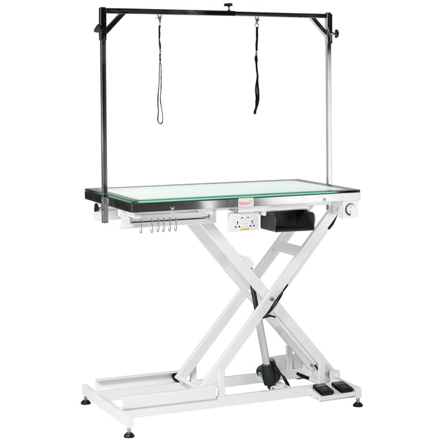 Blovi Luminous Pro 120x65 - professional grooming table with a lift and illuminated glass LED top.