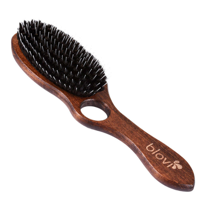 Blovi Wood Brush - large wooden brush with natural bristles, detangler, and finger hole, for long-haired breeds.