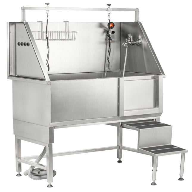 Blovi Free Standing Stainless Bath - stainless steel grooming tub with steps and sliding doors on the right side.