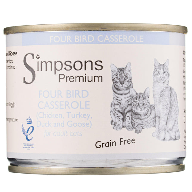 Simpsons Premium Cat Four Bird Casserole - grain-free wet food for cats, chicken, turkey, duck, and goose.