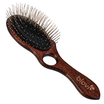 Blovi Wood Pin Brush - large, sturdy wooden brush with a long metal pin and a finger hole.