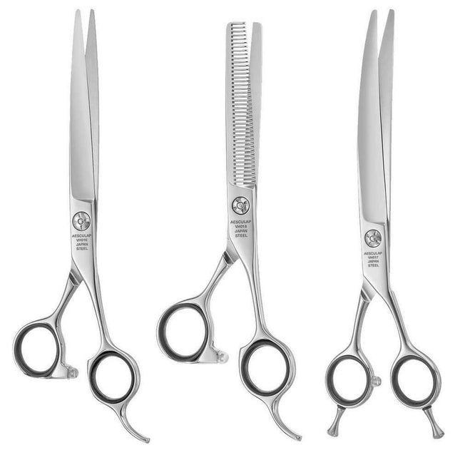 Aesculap VH015C Set - scissor set: single-sided thinning scissors 6 inches + straight scissors 7 inches + curved scissors 7.5 inches in a case.