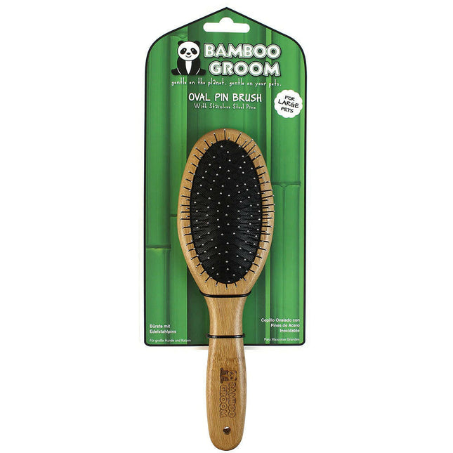 Bamboo Groom Oval Pin Brush - bamboo brush with metal pins, for large breed dogs and cats.