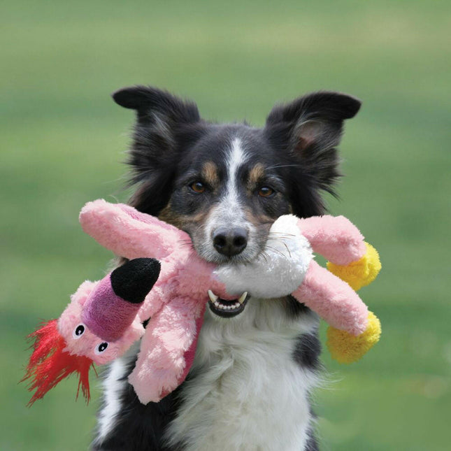 KONG Wild Knots Birds Flamingo - plush toy for dogs, with internal rope and squeaker.