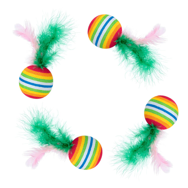 Flamingo Cat Rainbow Balls 4pcs - lightweight foam balls for cats, with feathers.