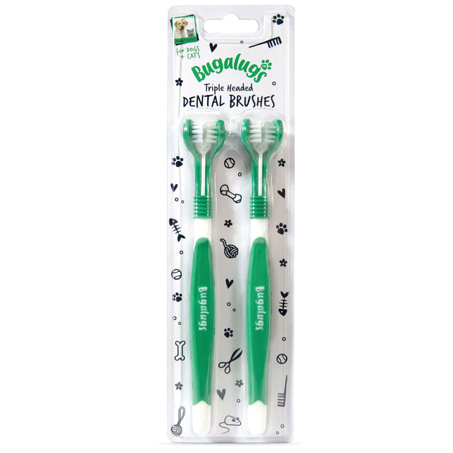 Bugalugs Triple Headed Dental Brushes 2pcs - Triple-sided toothbrush for dogs and cats.