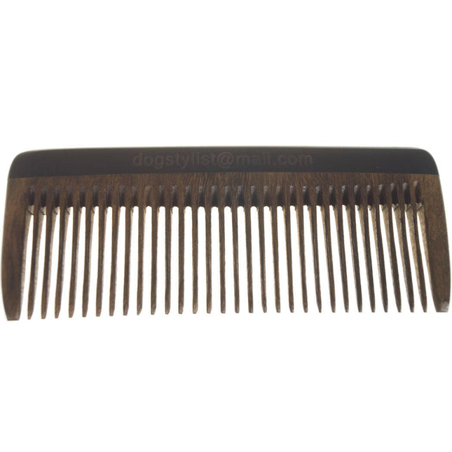 P&W Dog Stylist Comb - fragrant, anti-static sandalwood comb with wide tooth spacing.