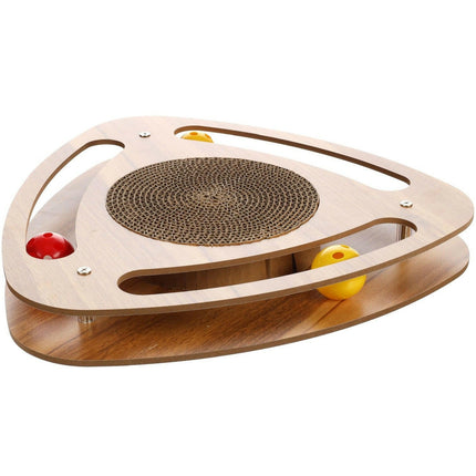 Flamingo Cat Scratching Triangle - toy for cats with a cardboard scratcher, balls, and catnip, triangle-shaped.