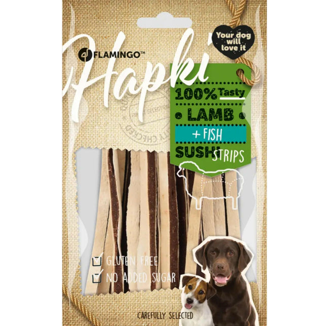 Flamingo Hapki Lamb Fish Sushi Strips - soft treats for dogs, lamb and pollock.
