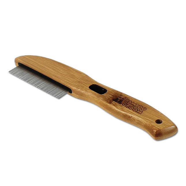 Bamboo Groom Flea Comb with 77 Pins - bamboo comb for grooming fleas in dogs and cats, 77 rotating pins.