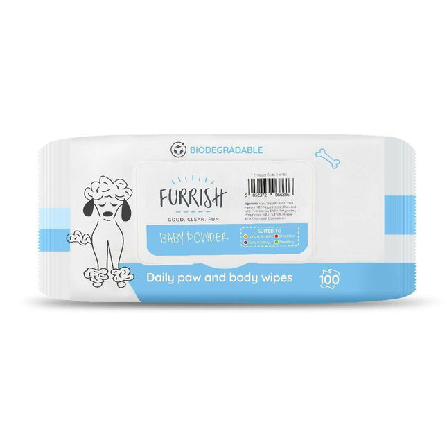 Furrish Baby Powder Bath Wipes 100 pcs - wipes for cleaning dogs' paws and fur, with a powder scent.