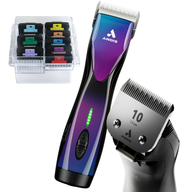 Andis Pulse ZR II Galaxy + Comb Set - professional cordless clipper with CeramicEdge blade (1.5mm), batteries, and attachments.
