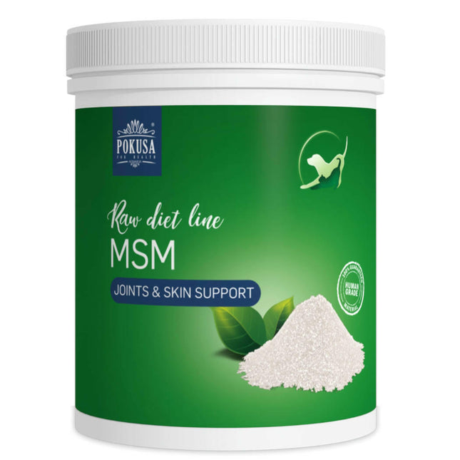 Pokusa RawDietLine MSM - natural sulfur supplement for joints, skin, and coat for dogs and cats, easily absorbable.