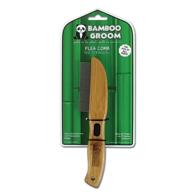 Bamboo Groom Flea Comb with 77 Pins - bamboo comb for grooming fleas in dogs and cats, 77 rotating pins.