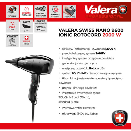 Valera Swiss Nano 9600 Ionic Rotocord - professional handheld hair dryer with a rotating cord, black.
