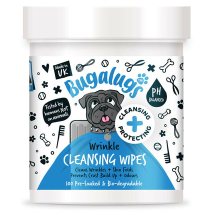 Bugalugs Wrinkle Cleansing Wipes 100 pcs - biodegradable wipes for dog and cat skin folds.