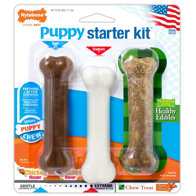 Nylabone Chicken & Bacon Puppy Starter Kit - puppy kit with two chew toys and a chew treat.