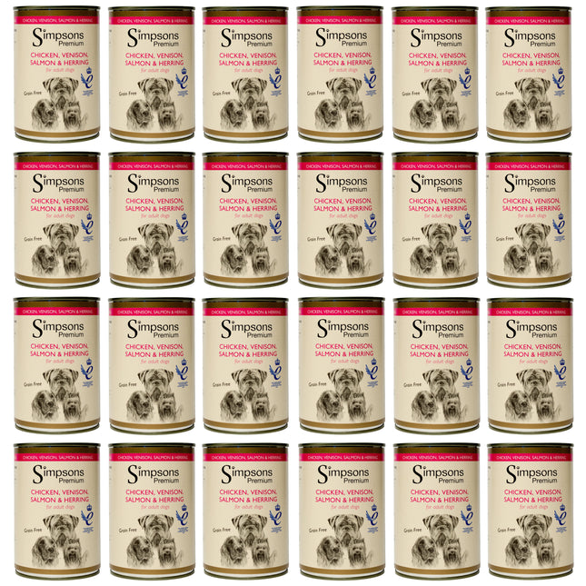 Simpsons Premium Chicken, Venison, & Herring - wet dog food with chicken, venison, salmon, herring, and vegetables, grain-free - 24x 400g