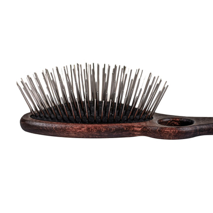 Blovi Wood Pin Brush - large, sturdy wooden brush with a long metal pin and a finger hole.