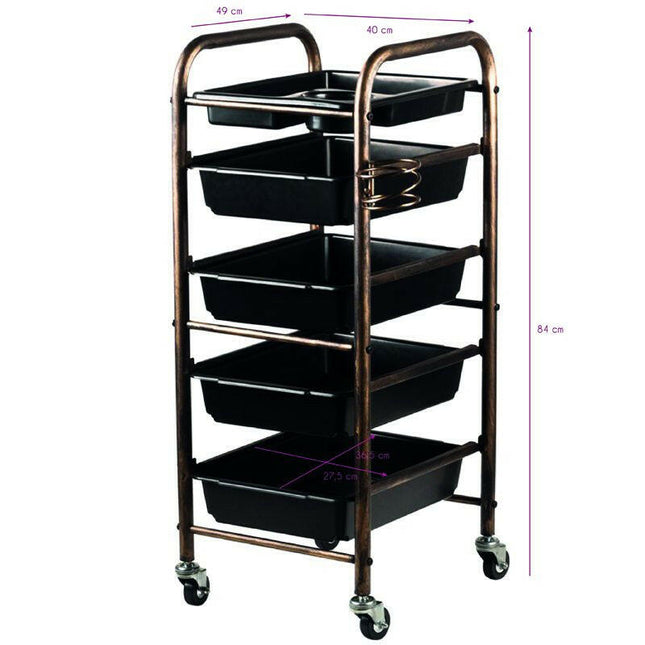 Gabbiano 8 - 76 - stylish grooming cart in antique gold color, 4 trays, tray, hairdryer holder.