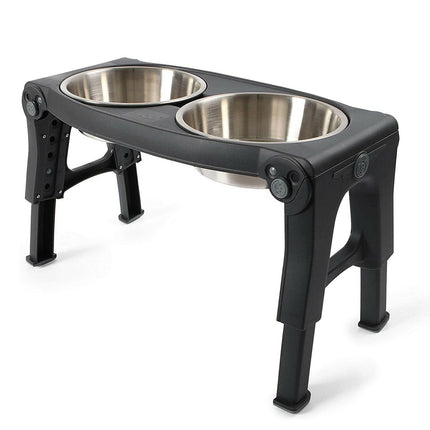 Dexas Adjustable Height Pet Feeder - stainless steel dog bowls on a stand, with height adjustment.