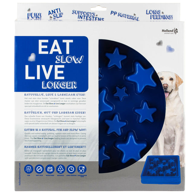 Eat Slow Live Longer Star L - square bowl for dogs that slows down eating, stars.