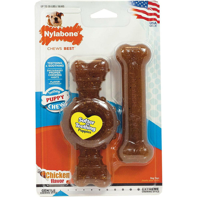 Nylabone Puppy & Ring Chicken Twin Pack - soft chew toys for puppies, flavored with chicken.