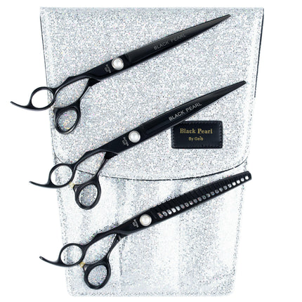 Geib Black Pearl Lefty Scissors Set - professional scissors and thinning shears set (21 teeth) made of Japanese cobalt steel, 3 pieces.