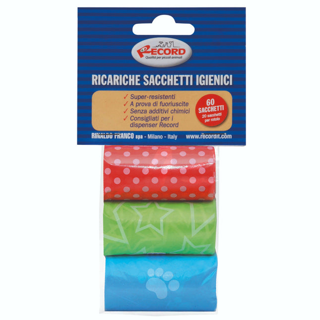 Record Poop Bags - set of colorful rolls (20 pieces each) of dog waste bags.